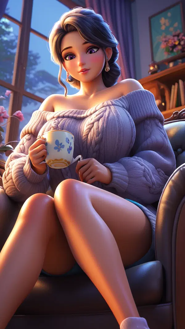 Cozy Giantess in Oversized Sweater by Firelight - AI generated portrait image in 1080x1920 resolution by Anonymous Creator