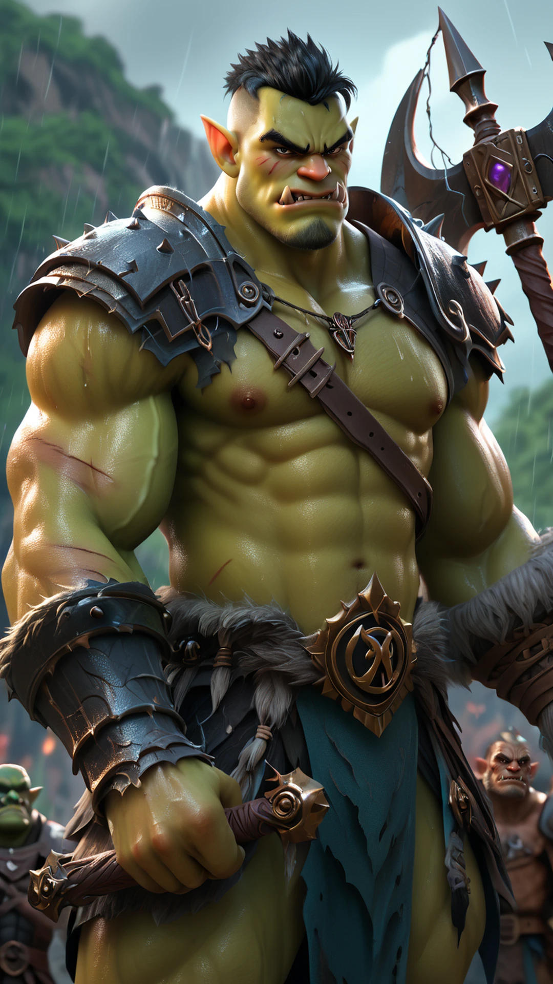 A Fierce Orc Warrior Stands Defiant Rain-soaked Battlefield