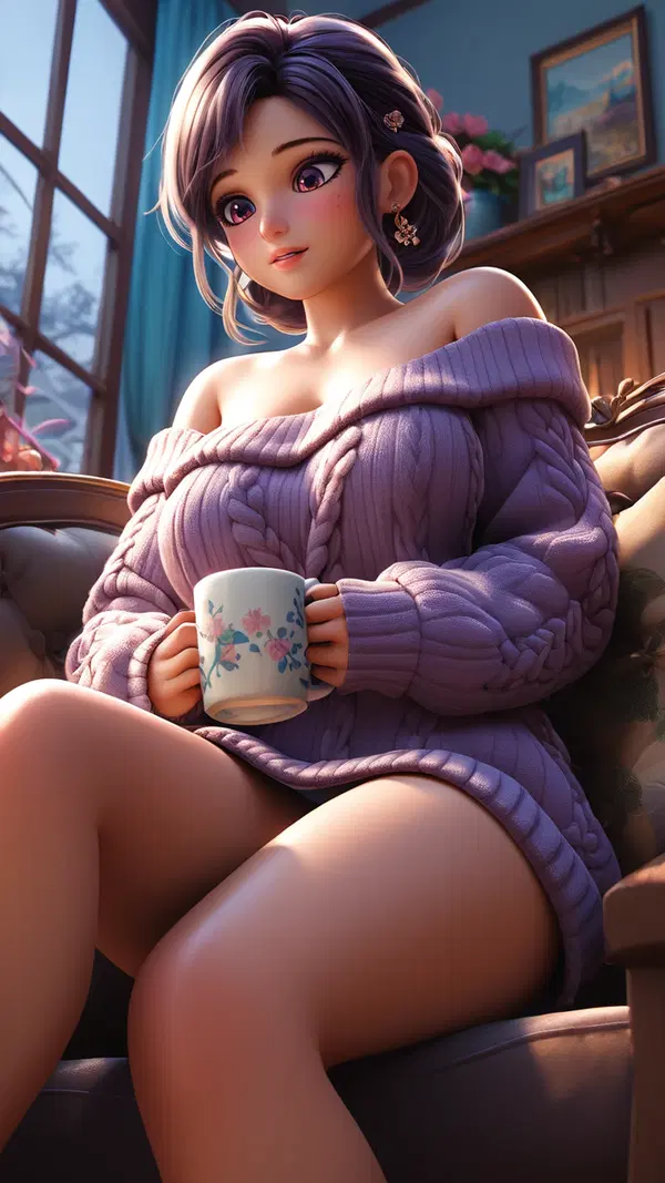 Giantess in Cozy Sweater by Firelight - AI generated portrait image in 1080x1920 resolution by Anonymous Creator