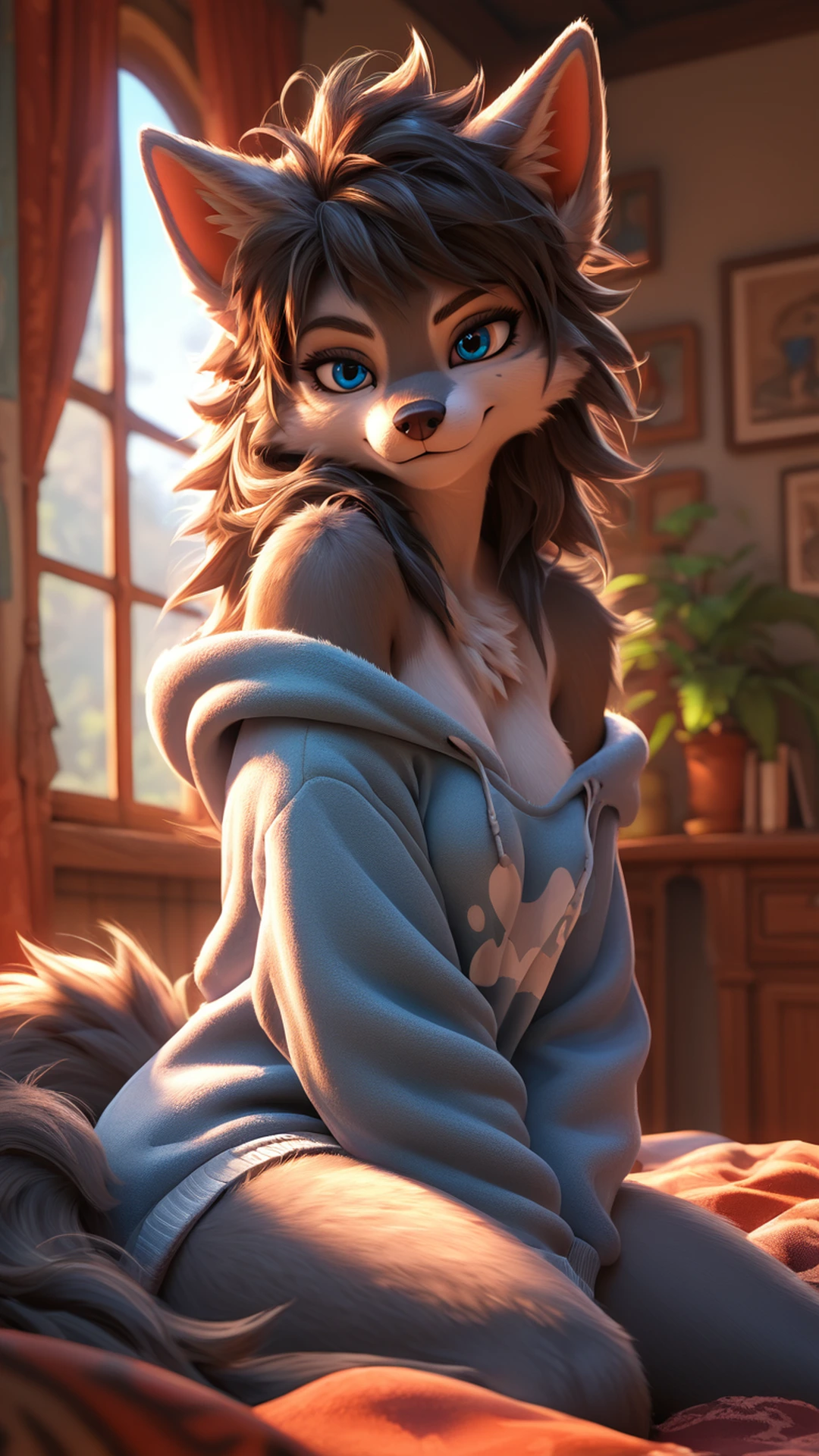 Fluffy Anthro Wolf in Cozy Bedroom Morning Light