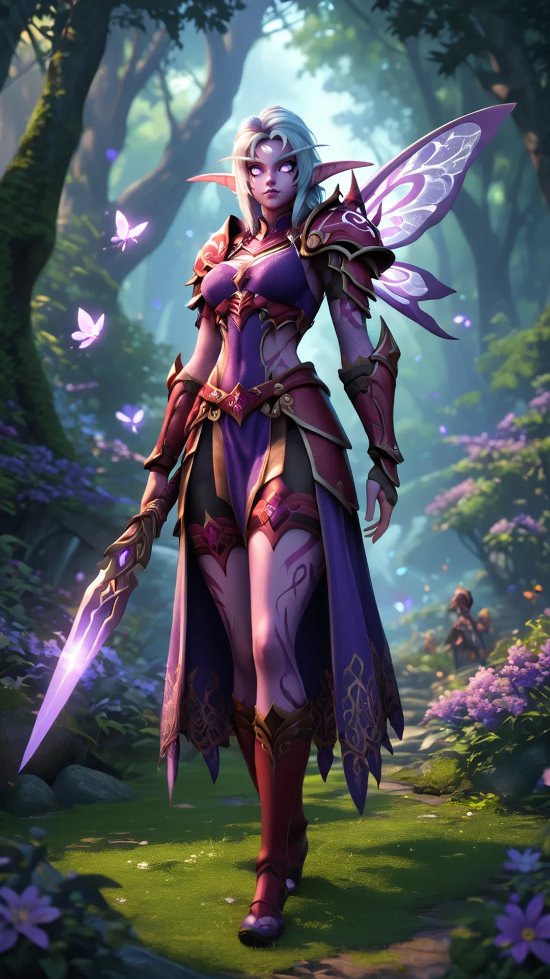A Serene Night Elf Hunter Stands Mystical Night Forest