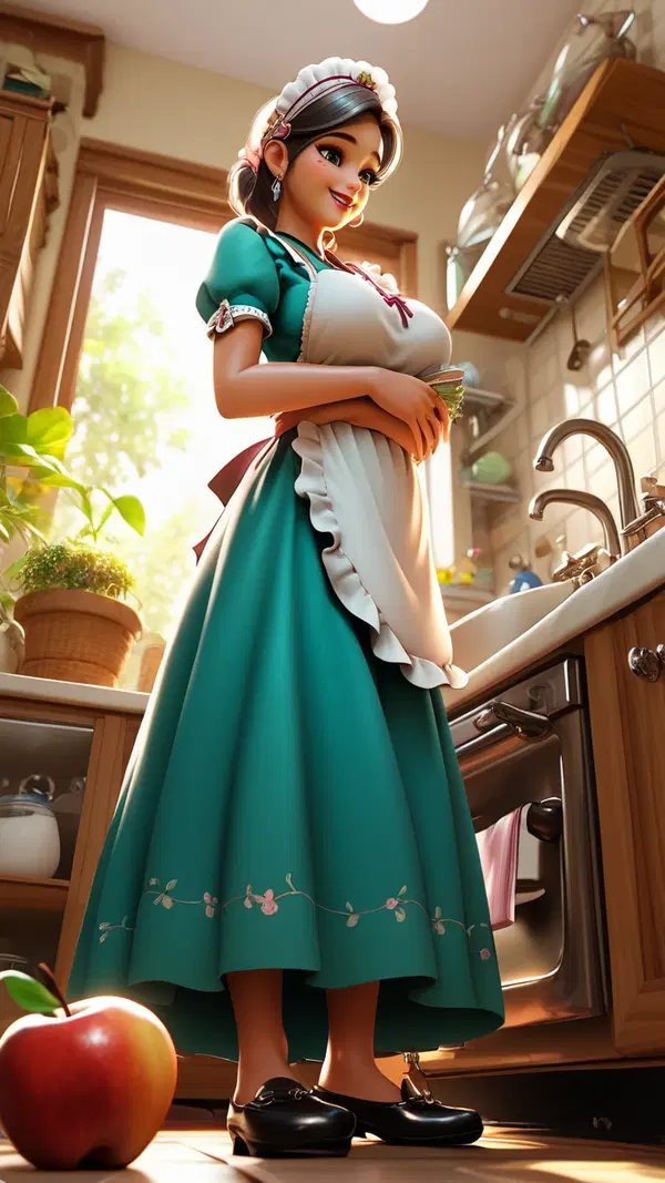 Gentle Giantess Washing Apples in Sunlit Kitchen - AI generated portrait image in 1080x1920 resolution by Anonymous Creator